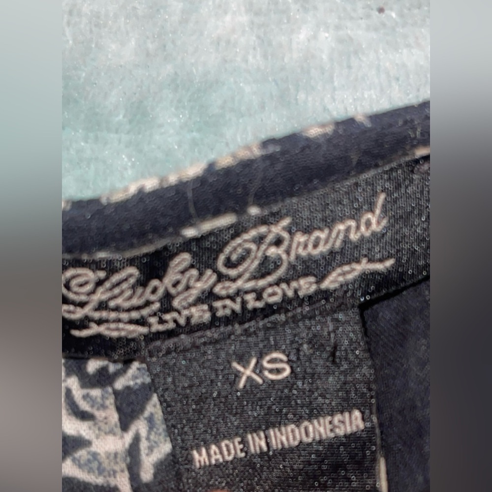 Lucky Brand Boho Gauze Blouse XS Navy Blue White Floral 100% Cotton Top - Picture 6 of 8